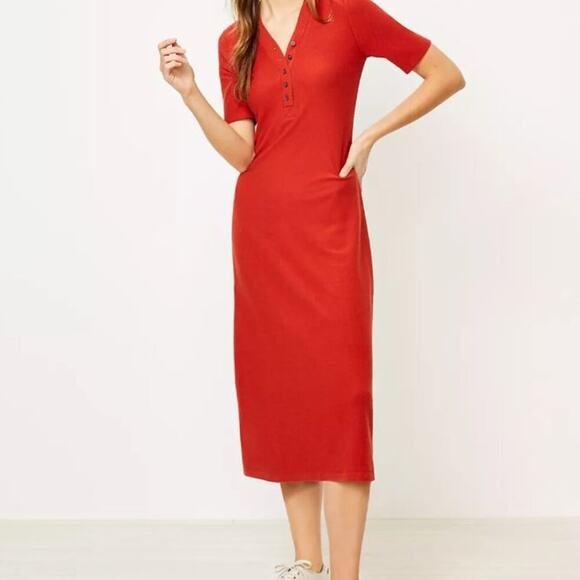 LOFT Brand Medium Petite Henley Midi Dress Rust Orange SOLD OUT ONLINE - Picture 1 of 6